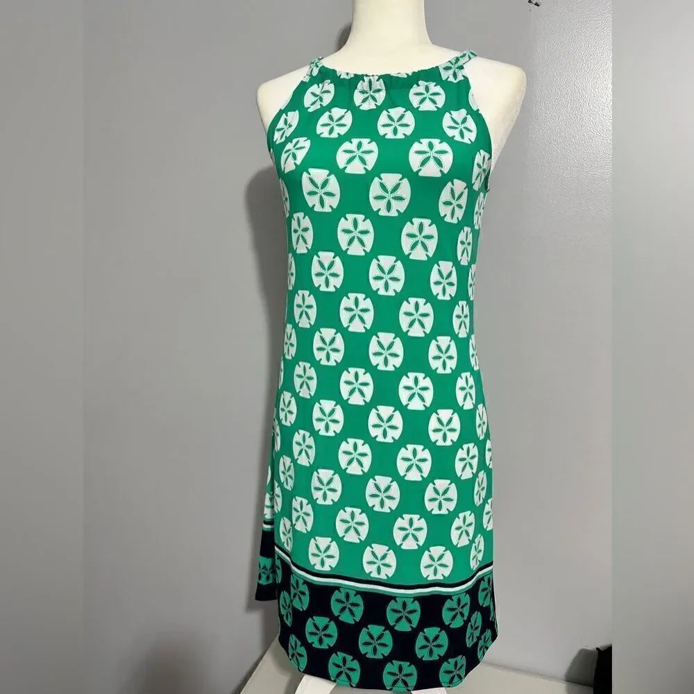 Kaari Blue Jade Green Sand Dollar Halter Tie-Neck Stretch Jersey Dress size XS